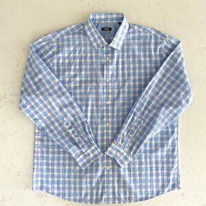 Izod Slim Fit LS Button Down Cotton Poly Plaid Dress Shirt Blue & Wht Sz 17.5